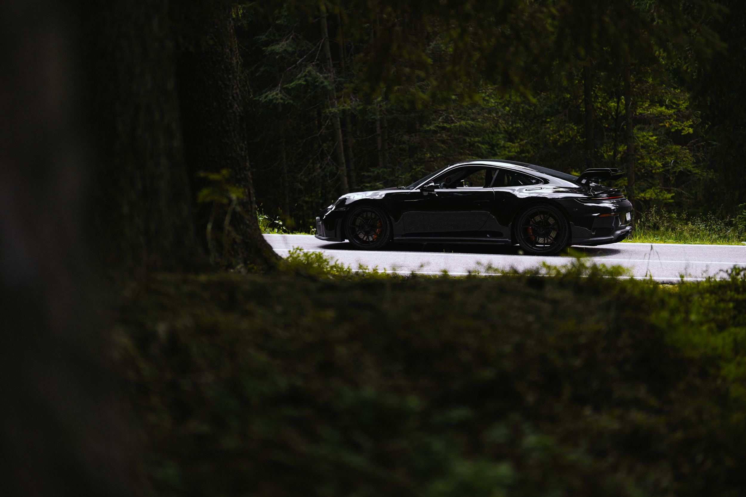 Czarne 911 GT3 bokiem w smudze światła na leśnej drodze, wokół ciemna zieleń drzew i mchu