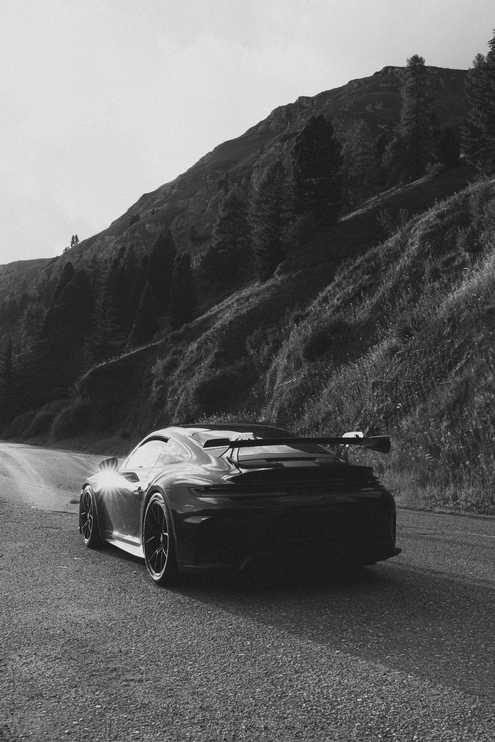 911 GT3 od tyłu w zakręcie górskiej drogi, nad nim zbocze z modrzewiami — kadr czarno-biały