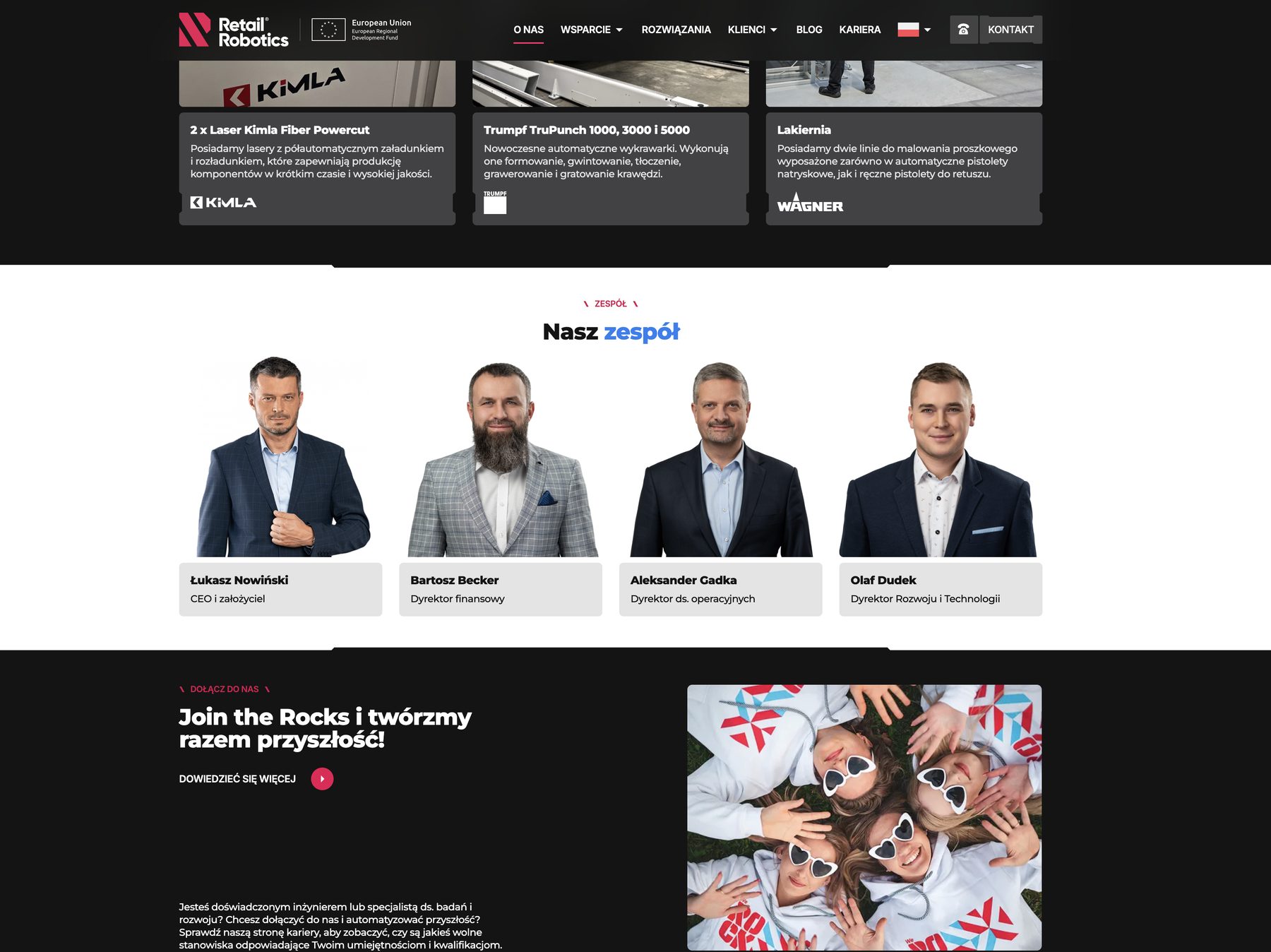 Sekcja „Nasz zespół” na stronie Retail Robotics — headshoty zarządu z sesji w Tychach